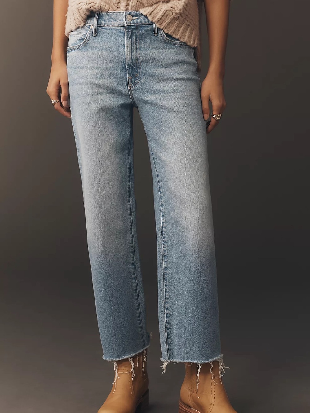 MOTHER Kick It Ankle Fray Light Blue Straight-Leg Crop Jeans